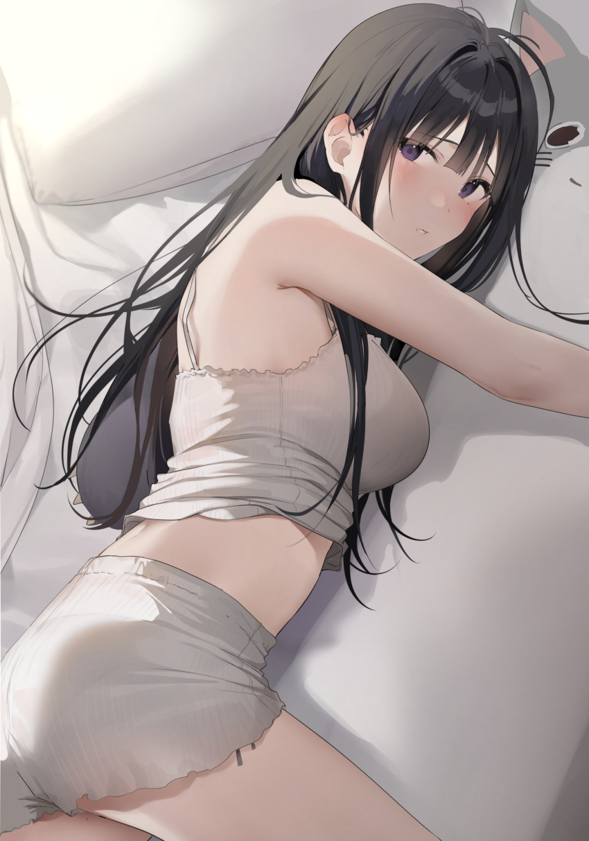 1girl absurdres ass bare_shoulders black_hair blush breasts camisole grey_shorts highres large_breasts long_hair looking_at_viewer lying on_bed on_side original parted_lips pillow purple_eyes shorts solo stuffed_animal stuffed_cat stuffed_toy xretakex