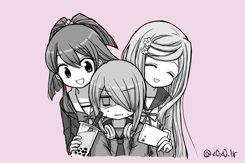 3girls :d :i aika_himena annoyed bangs blazer blunt_ends bow bowtie bubble_tea buttons cardigan cellphone closed_eyes closed_mouth cropped_torso cup dot_nose empty_eyes flower hair_flower hair_ornament hair_over_one_eye half_updo headphones headphones_around_neck highres holding holding_cup holding_phone jacket kamihama_future_academy_school_uniform koushou_academy_school_uniform kurusu_alexandra lapels long_hair long_sleeves looking_at_another magia_record:_mahou_shoujo_madoka_magica_gaiden mahou_shoujo_madoka_magica medium_hair miyabi_shigure monochrome multiple_girls neck_ribbon necktie no_nose notched_lapels one_eye_covered open_cardigan open_clothes open_mouth phone pink_background ribbon rioran sailor_collar sailor_shirt school_uniform serafuku shirt short_hair_with_long_locks signature smartphone smile suspenders swept_bangs twitter_username very_long_hair yunohana_international_school_uniform