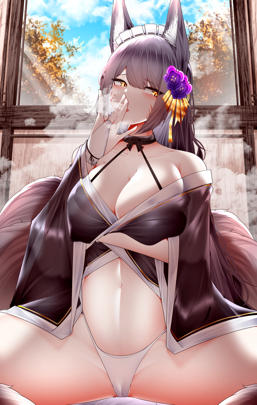 1girl absurdres animal arm_under_breasts aura azur_lane black_dress black_hair blue_sky blush breasts camel cameltoe cleavage cloud collarbone covered_nipples day dress flower hair_flower hair_ornament hand_to_own_mouth highres large_breasts looking_at_viewer looking_away maid_headdress musashi_(azur_lane) navel open_clothes open_dress samip sitting sky solo spread_legs tail thighs tree underwear window yellow_eyes
