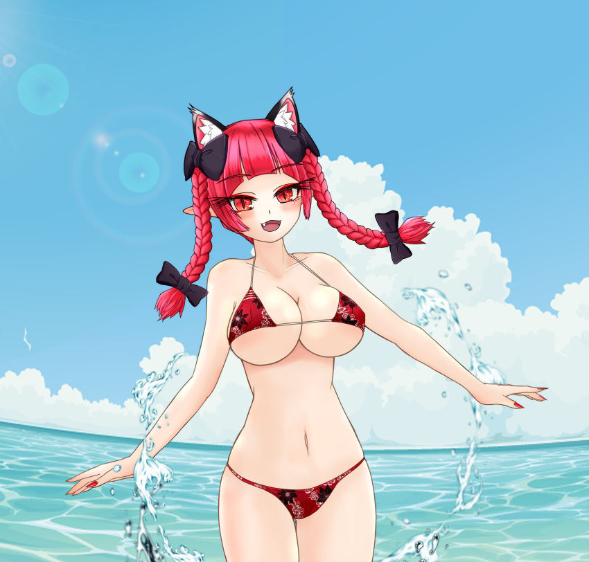 1girl :d absurdres animal_ears beach bikini bird bow braid breasts cat_ears cloud day fisheye highres horizon kaenbyou_rin lens_flare nail_polish no_tail ocean red_eyes red_hair red_nails seagull sky smile solo splashing sugar_you swimsuit touhou twin_braids wading water