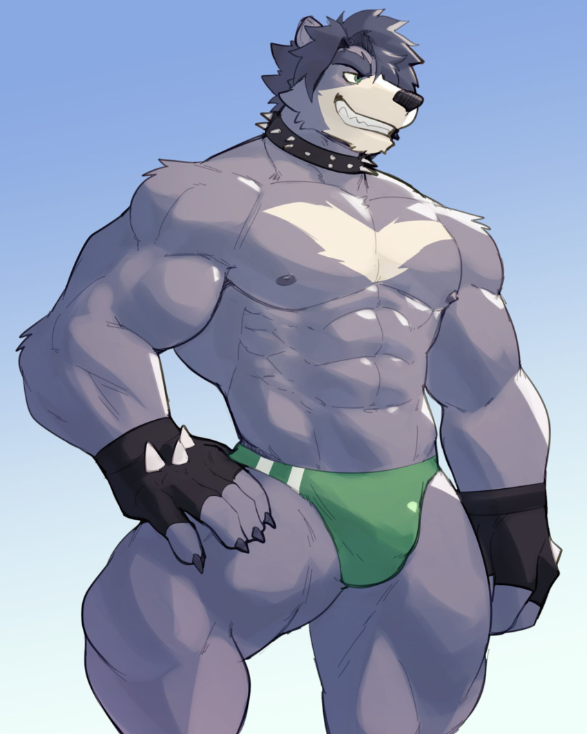 2022 abs anthro barazoku bent_leg biceps big_muscles blue_background bulge canid canine canis claws clothing collar eyebrows fingerless_gloves fur gloves gradient_background hair hand_on_leg hand_on_thigh handwear hi_res huge_muscles jrjresq male mammal marsh_(jrjresq) muscular muscular_anthro muscular_male narrowed_eyes navel nipples obliques pecs simple_background smile solo speedo spiked_collar spiked_gloves spikes standing swimwear teeth thick_thighs tuft wolf