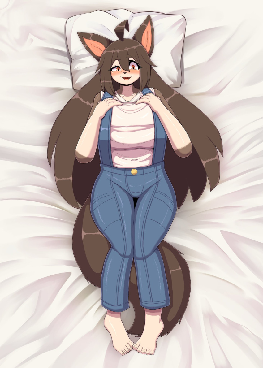 anthro barefoot bed big_breasts blush breasts brown_body canid canine canis clothed clothing domestic_dog feet female furniture hair hi_res komenuka_inaho long_hair lying mammal mohuko_(komenuka_inaho) open_mouth pillow smile solo tagme