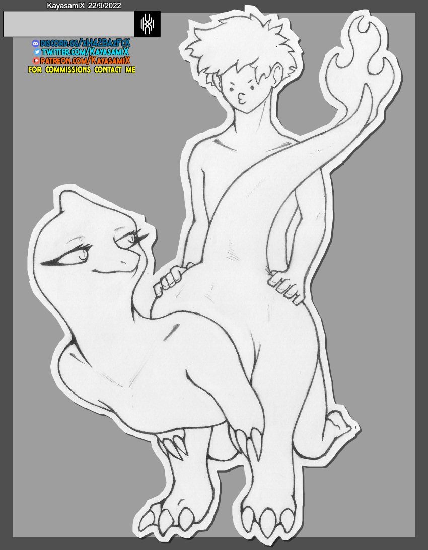 absurd_res anthro bent_over charmeleon claws duo female feral fire generation_1_pokemon hi_res human interspecies kayasamix line_art lizard logo male male/female mammal nintendo pokemon pokemon_(species) pokephilia raised_tail reptile scalie sex simple_background smile text traditional_media_(artwork) video_games