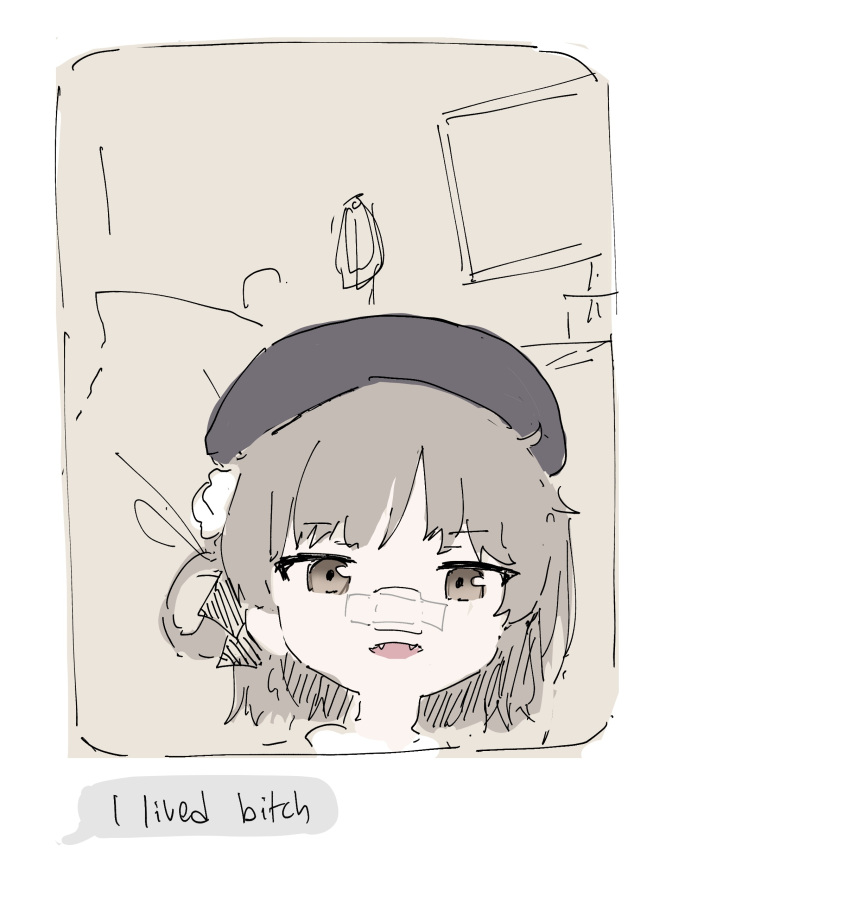 1girl absurdres bandaid bandaid_on_face bandaid_on_nose bangs bed beret black_headwear brown_eyes chat_log english_text fangs hair_rings hat hatoba_tsugu highres hospital hospital_bed i_lived_bitch_(meme) looking_at_viewer lyrinne meme open_mouth simple_background solo speech_bubble tsugu_(vtuber) virtual_youtuber white_background