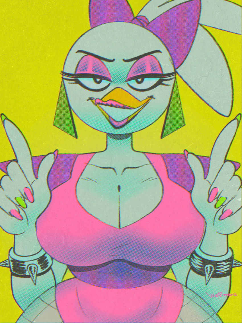 5_fingers animatronic anthro artist_name avian beak big_breasts bird bracelet breasts chicken cleavage clothed clothing eyebrows female fingers fishnet_clothing five_nights_at_freddy's five_nights_at_freddy's:_security_breach galliform gallus_(genus) glamrock_chica_(fnaf) half-closed_eyes half-length_portrait hi_res jewelry lipstick looking_at_viewer machine makeup narrowed_eyes non-mammal_breasts phasianid portrait robot scottgames small_waist solo spiked_bracelet spikes video_games white_body wide_hips wolftang