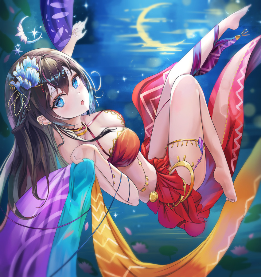 1girl arabian_clothes barefoot belly_dancing black_hair blue_eyes breasts cleavage commentary_request dancer flower full_body gold gold_choker hair_flower hair_ornament harem_outfit highres iino_(isnyong) jewelry long_hair looking_at_viewer medium_breasts midriff moon moon_reflection night original parted_lips red_skirt red_tube_top reflection skirt soles solo strapless thigh_strap toes tube_top water