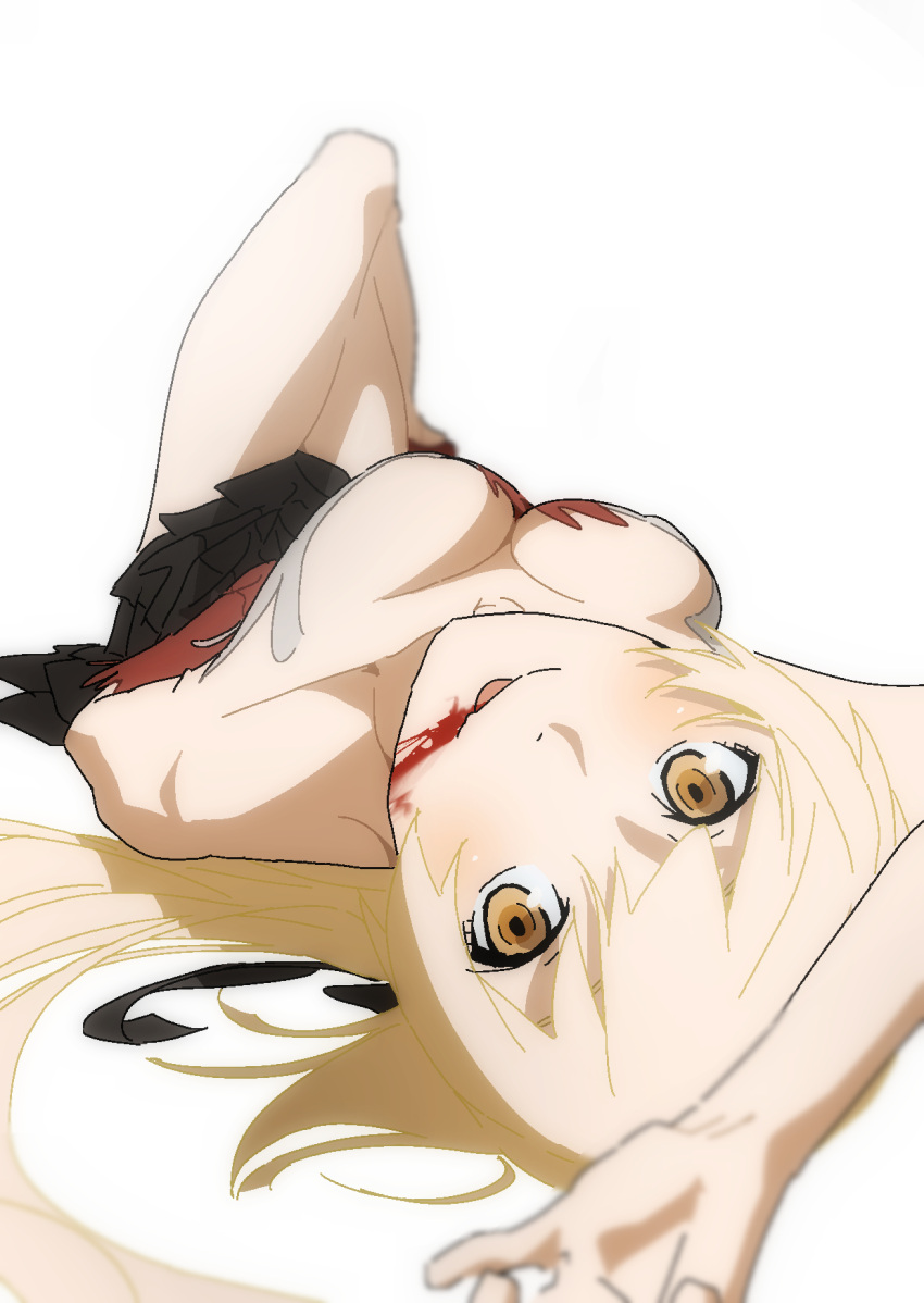 1girl blonde_hair blood blood_from_mouth breasts highres ichisannyonn kiss-shot_acerola-orion_heart-under-blade kizumonogatari looking_at_viewer lying monogatari_(series) oshino_shinobu solo thighs vampire yellow_eyes