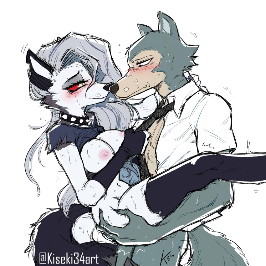 1:1 anthro beastars blush bodily_fluids breasts canid canid_demon canine canis carrying_partner crossover demon duo eye_contact female female_penetrated hair hellhound helluva_boss hi_res intraspecies kiseki_art legoshi_(beastars) looking_at_another loona_(helluva_boss) male male/female male_penetrating male_penetrating_female mammal monochrome necktie penetration sex sweat wolf