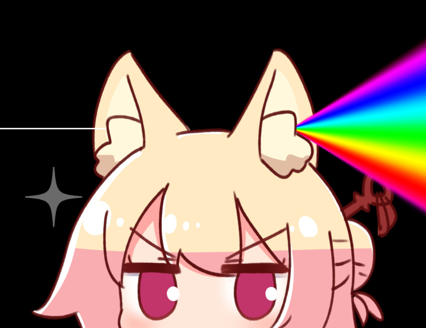 1girl animal_ear_fluff animal_ears bangs black_background blonde_hair blush dark_side_of_the_moon fox_ears hair_between_eyes hair_bun hair_ornament kemomimi-chan_(naga_u) looking_at_viewer naga_u original pink_floyd purple_eyes rainbow simple_background solo sparkle v-shaped_eyebrows