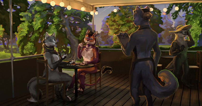 2021 anthro biped bottle building canid canine chair city clothing domestic_cat elkaart felid feline felis food fox fur furniture hat headgear headwear hi_res holding_object lights mammal outside park plant restaurant scenery sitting skyscraper sunset tray tree