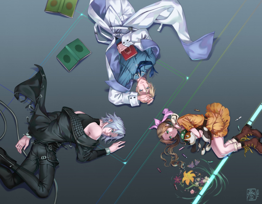 1girl 2boys aerith_gainsborough aged_down bangs bare_shoulders belt black_belt black_footwear black_jacket black_pants black_shirt blonde_hair blue_eyes blue_necktie book boots brown_footwear brown_hair collared_shirt crayon drawing dress feet_out_of_frame final_fantasy final_fantasy_vii final_fantasy_vii_remake full_body green_eyes grey_hair grey_shirt hair_ribbon halu-ca hand_on_own_face highres holding holding_book holding_stuffed_toy jacket jacket_partially_removed long_hair long_jacket long_sleeves looking_at_viewer looking_to_the_side lying multiple_boys necktie on_back on_side orange_dress pants parted_bangs parted_lips pink_ribbon ponytail ribbon rufus_shinra sailor_collar sephiroth shirt short_dress short_hair short_sleeves sleeveless sleeveless_shirt socks stuffed_animal stuffed_toy white_jacket white_pants white_sailor_collar white_socks