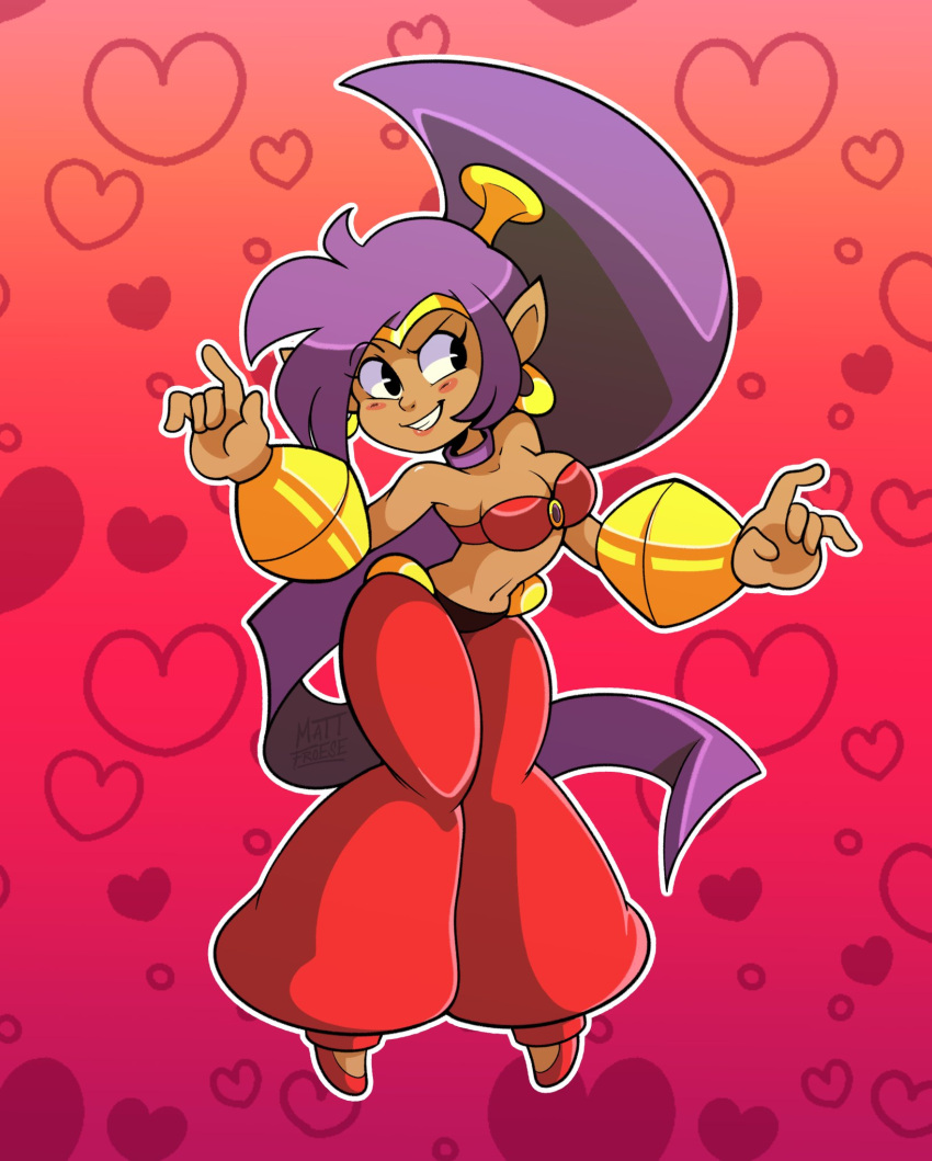 2019 breasts brown_body brown_skin clothing ear_piercing ear_ring female footwear genie hair hi_res humanoid humanoid_pointy_ears long_hair not_furry paincaked piercing ponytail purple_hair ring_piercing shantae shantae_(series) smile solo video_games wayforward