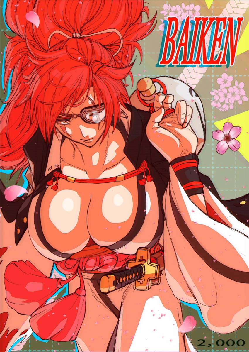 1girl akasa523 baiken breasts cleavage collarbone eyepatch facial_tattoo guilty_gear guilty_gear_strive highres japanese_clothes katana kimono large_breasts looking_away one-eyed open_clothes open_kimono ponytail red_hair scar scar_across_eye scar_on_face solo sword tattoo torn_clothes torn_sleeves weapon