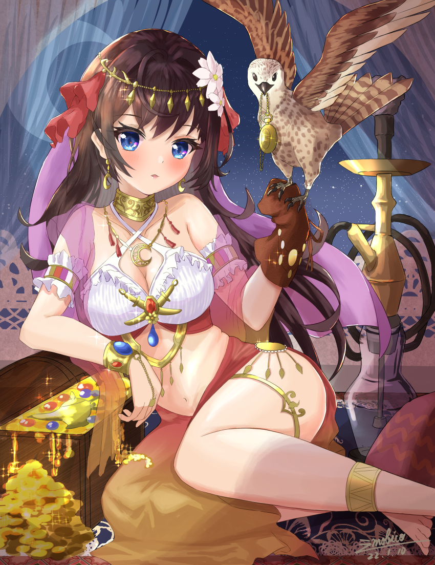 1girl absurdres arabian_clothes barefoot bikini bird blue_eyes blush bracelet breasts brown_hair chain choker cleavage coin crescent_moon dancer eagle emobico forehead_jewel gem gold gold_chain gold_choker gold_coin highres hookah jewelry looking_at_viewer medium_breasts midriff moon navel night oil_lamp original parted_lips pelvic_curtain pocket_watch red_skirt sitting skirt solo stomach swimsuit thighs toes treasure treasure_chest watch white_bikini window yokozuwari