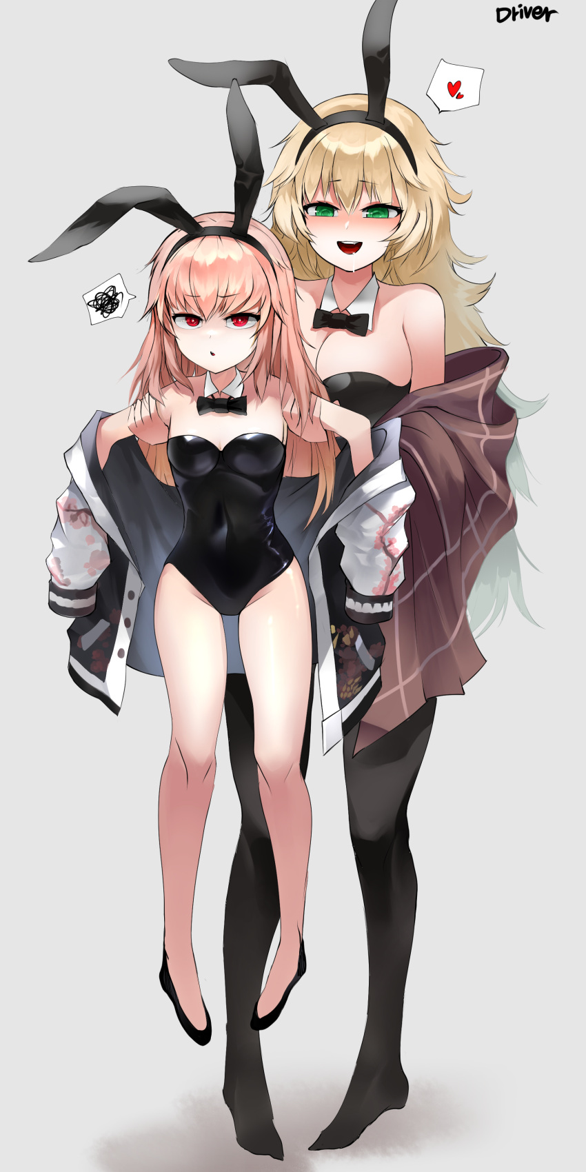 2girls :o absurdres alternate_costume animal_ears artist_name bangs bare_legs bare_shoulders black_bow black_bowtie black_footwear black_leotard black_pantyhose blonde_hair blush bow bowtie breasts cleavage commission detached_collar driver-vibl fake_animal_ears full_body girls'_frontline green_eyes heart highres jacket jacket_pull large_breasts legs leotard long_hair long_sleeves looking_at_viewer multiple_girls no_shoes open_mouth pantyhose pink_hair playboy_bunny rabbit_ears red_eyes s.a.t.8_(girls'_frontline) saliva simple_background small_breasts smile standing teeth traditional_bowtie type_80_(girls'_frontline) upper_teeth white_jacket