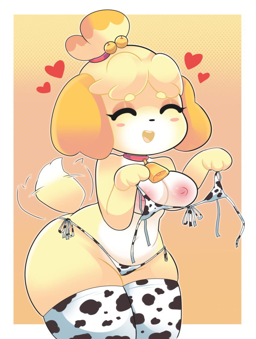 &lt;3 absurd_res animal_bikini animal_crossing animal_print anthro areola bell bell_collar bikini blush breasts canid canine canis clothing collar countershading cow_bikini cow_print cow_print_bikini cow_print_thighhighs cowbell digital_media_(artwork) domestic_dog exposed_breasts female fingers fur hair hi_res holding_object isabelle_(animal_crossing) legwear mammal navel nintendo onigiri_punch open_mouth open_smile pattern_clothing pattern_swimwear shih_tzu simple_background smile solo standing swimwear tail_motion tailwag thick_thighs thigh_highs toy_dog video_games yellow_body yellow_fur