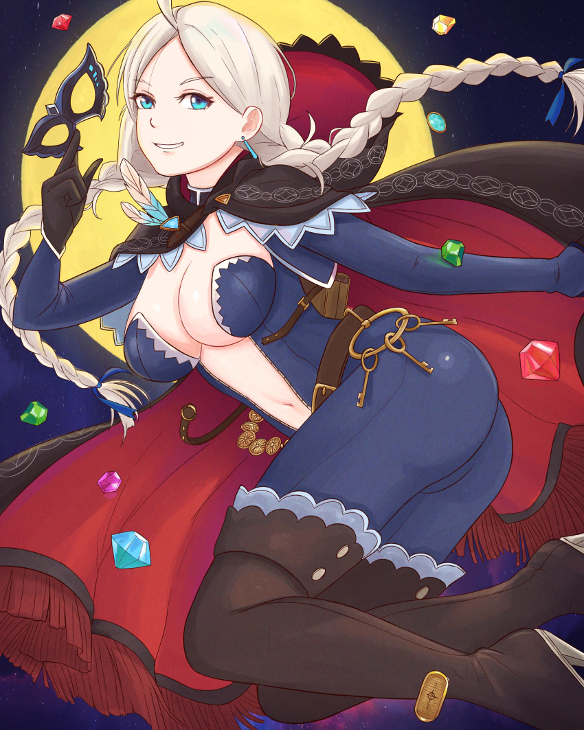 1girl absurdres ahoge ass bangs black_cape black_gloves blue_bodysuit bodysuit boots braid breasts cape capelet chain cleavage coin commission commissioner_upload diamond_(gemstone) earrings eye_mask fire_emblem fire_emblem_fates fire_emblem_heroes full_moon gem gloves gold_chain gold_coin high_heel_boots high_heels highres holding holding_mask hood hooded_cape jewelry key keyring leather_belt long_hair looking_at_viewer low_twintails mask mask_removed medium_breasts moon navel night nina_(fire_emblem) non-web_source official_alternate_costume parted_bangs partially_unzipped red_cape red_capelet skin_tight smile thigh_boots truejekart twin_braids twintails two-tone_bodysuit two-tone_cape