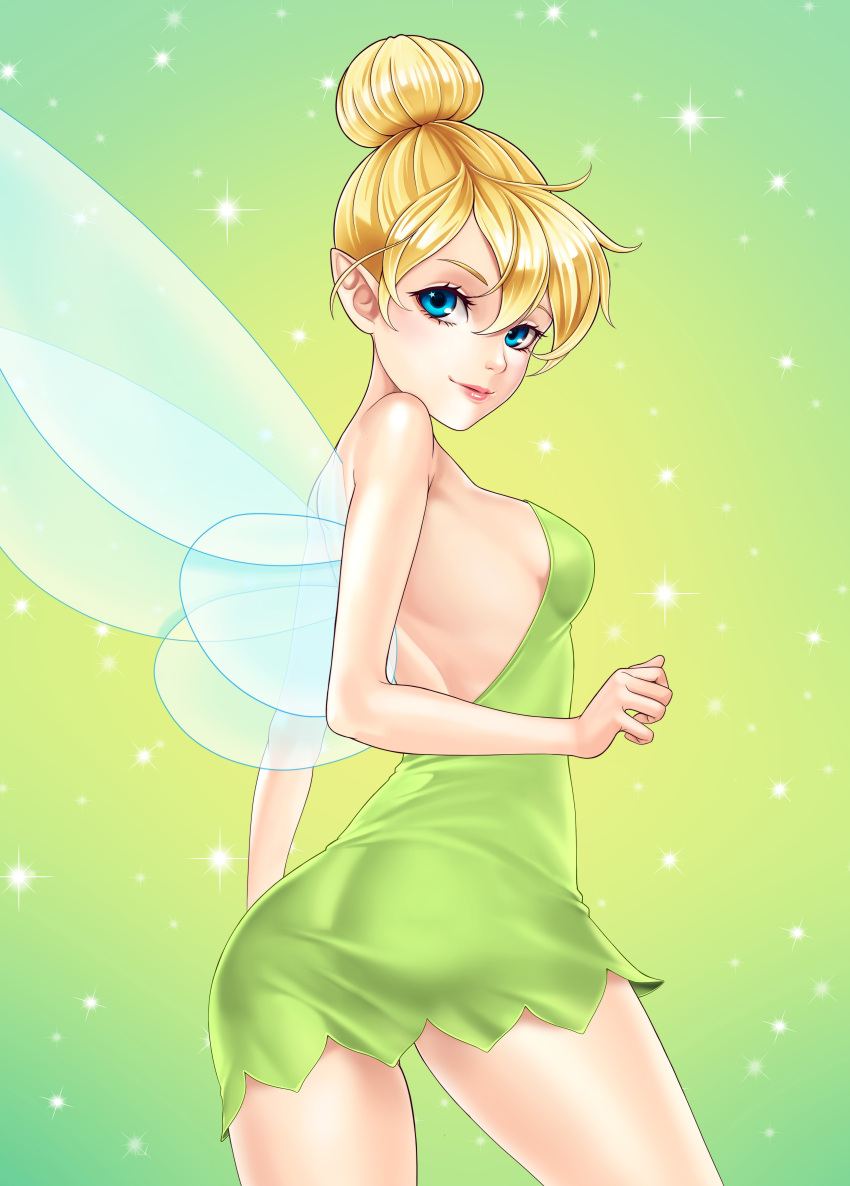 1girl absurdres animification ass bangs bare_arms bare_shoulders blonde_hair blue_eyes breasts closed_mouth commentary disney dress fairy fairy_wings gradient gradient_background green_dress hair_bun highres lips looking_at_viewer peter_pan_(disney) pointy_ears shiny shiny_hair short_dress simple_background smile sparkle strapless strapless_dress thighs tinker_bell_(disney) titiartwork wings