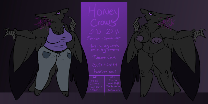 anthro avian bird bottomwear breasts clothed clothing corvid corvus_(genus) crow denim denim_clothing feathered_wings feathers female flirting_look fluffy genitals half-closed_eyes hi_res honey(honeycrow) honeycrow jeans model_sheet narrowed_eyes neck_tuft nipples nude oscine pants passerine pussy reference_image shirt smile solo tail_feathers tank_top thick_thighs topwear tuft wings