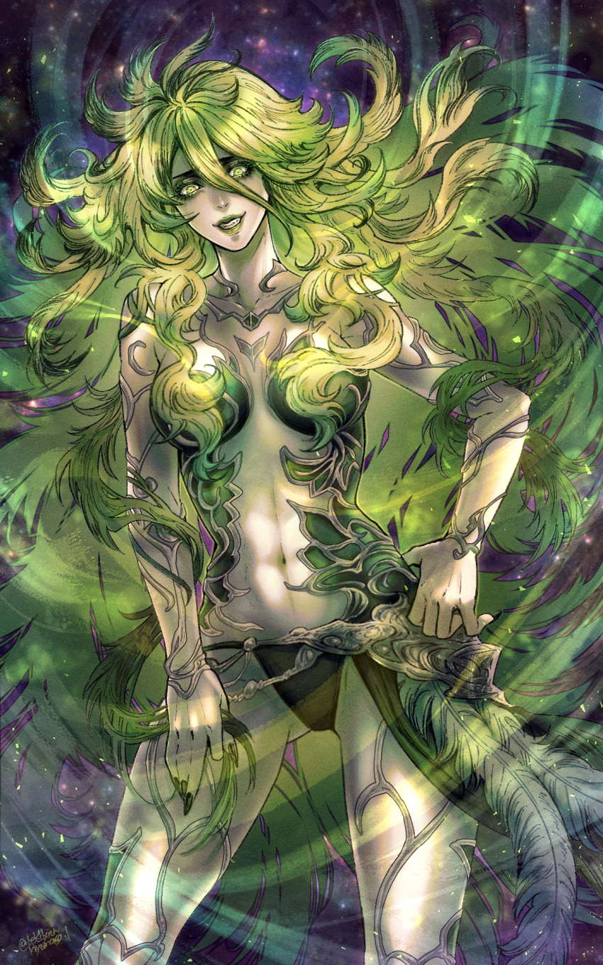 1girl ass_visible_through_thighs barbariccia bikini bikini_bottom_only breasts final_fantasy final_fantasy_xiv green_eyes green_hair green_lips hair_between_eyes highres leki_ixion long_hair looking_at_viewer medium_breasts navel revealing_clothes solo swimsuit very_long_hair