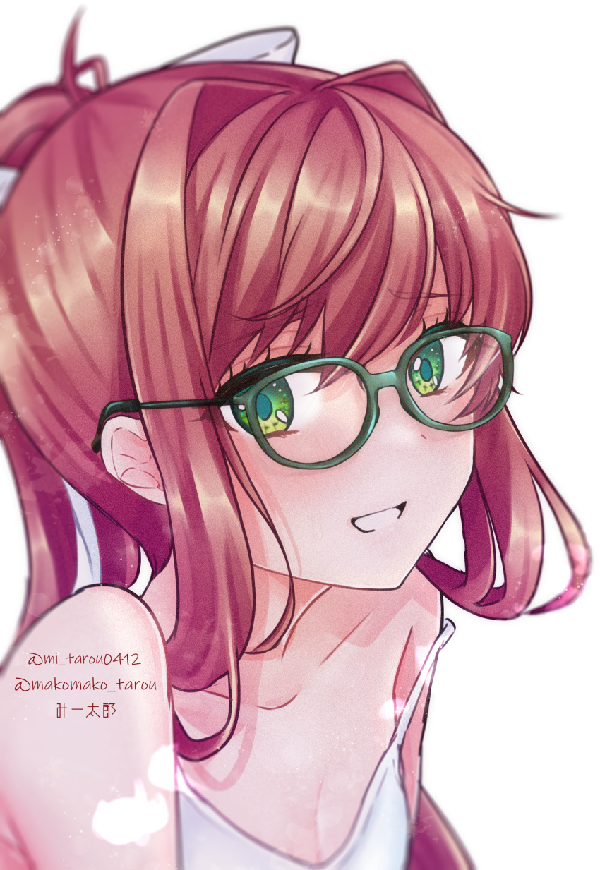 1girl absurdres artist_name bespectacled bow breasts brown_hair doki_doki_literature_club glasses green-framed_eyewear green_eyes happy highres long_hair mi_tarou0412 monika_(doki_doki_literature_club) off_shoulder ribbon simple_background smile teeth white_bow white_ribbon