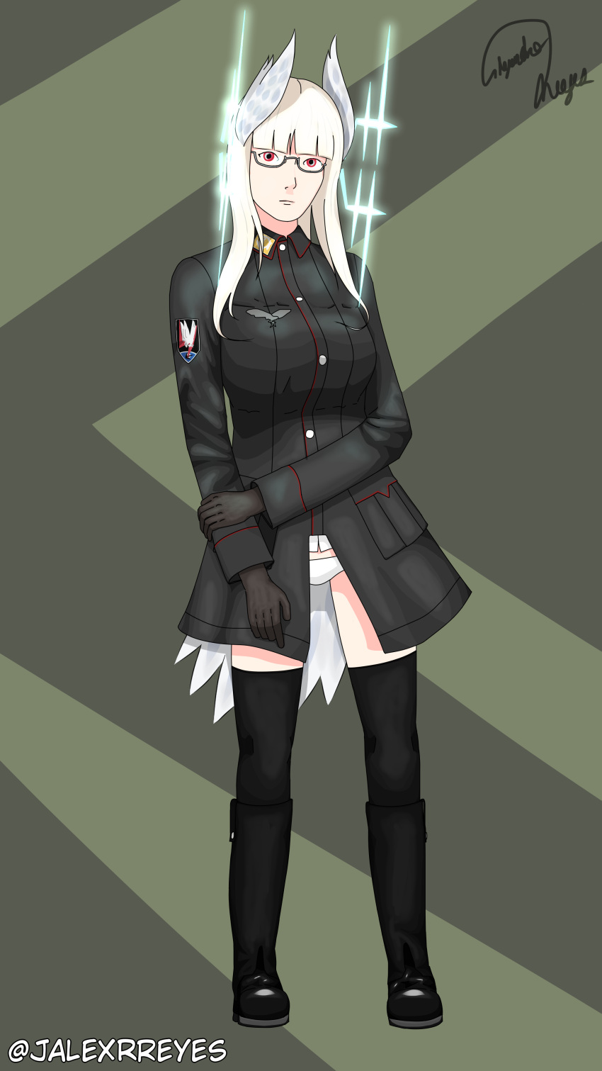 1girl absurdres alexrol05 bf_110 blonde_hair breasts closed_mouth commentary_request german_clothes germany gloves heidimarie_w._schnaufer highres karlsland large_breasts long_hair long_sleeves looking_at_viewer luftwaffe magic military military_uniform red_eyes simple_background solo standing strike_witches thighhighs uniform white_hair witch world_witches_series