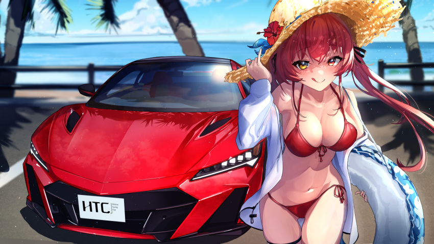 1girl :q bangs bare_shoulders bikini black_ribbon blush breasts car character_name cleavage closed_mouth collarbone commentary_request day drawstring flower front-tie_bikini_top front-tie_top ground_vehicle hair_ribbon halterneck hand_on_headwear hat hat_flower hat_ornament heterochromia highres hololive honda honda_nsx houshou_marine innertube jacket large_breasts long_sleeves looking_at_viewer motor_vehicle navel off_shoulder open_clothes open_jacket outdoors parking_lot red_bikini red_eyes red_flower red_hair red_ribbon ribbon side-tie_bikini_bottom smile solo straw_hat string_bikini sun_hat swimsuit thigh_strap tongue tongue_out twintails virtual_youtuber white_jacket yellow_eyes you'a