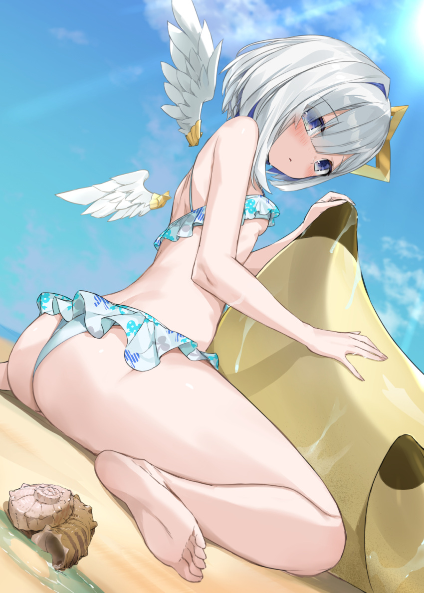 1girl :&lt; amane_kanata angel_wings ass back bangs barefoot beach bikini blue_hair blue_sky blush bob_cut breasts cloud colored_inner_hair commentary crystal_shoujo detached_wings feathered_wings feathers feet foreshortening frilled_bikini frills from_side hair_between_eyes halo highres hololive inflatable_toy light_rays looking_at_viewer looking_back looking_down mini_wings multicolored_hair outdoors parted_lips perspective purple_eyes seashell shell short_hair single_hair_intake sitting sky small_breasts soles solo star_halo streaked_hair sunbeam sunlight swimsuit two-tone_hair underboob virtual_youtuber wariza wet white_bikini white_feathers white_hair white_wings wings