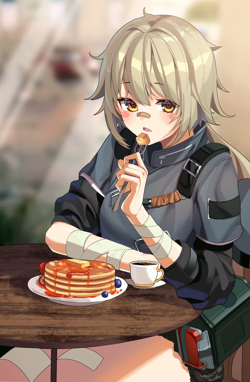 1girl absurdres aqua_hair bandaged_arm bandages bangs blurry blurry_background commission crossed_arms cup feet_out_of_frame food girls'_frontline highres hs2000_(girls'_frontline) kakao346 looking_at_viewer open_mouth orange_eyes pancake pixiv_request short_hair sitting sleeves_rolled_up solo table tactical_clothes