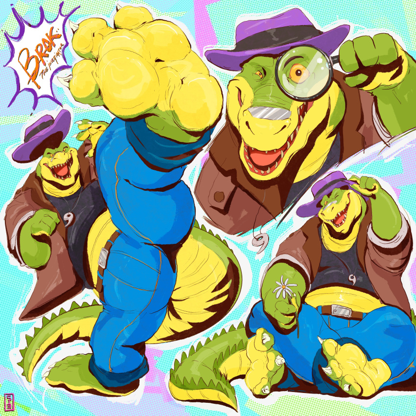 2021 absurd_res alligator alligatorid anthro bottomwear brok_(character) brok_the_investigator clothing countershading crocodilian feet flower green_body hat headgear headwear hi_res humanoid_hands magnifying_glass male multiple_poses pants plant pose reptile scalie shirt sitting slightly_chubby solo st3ph3n topwear