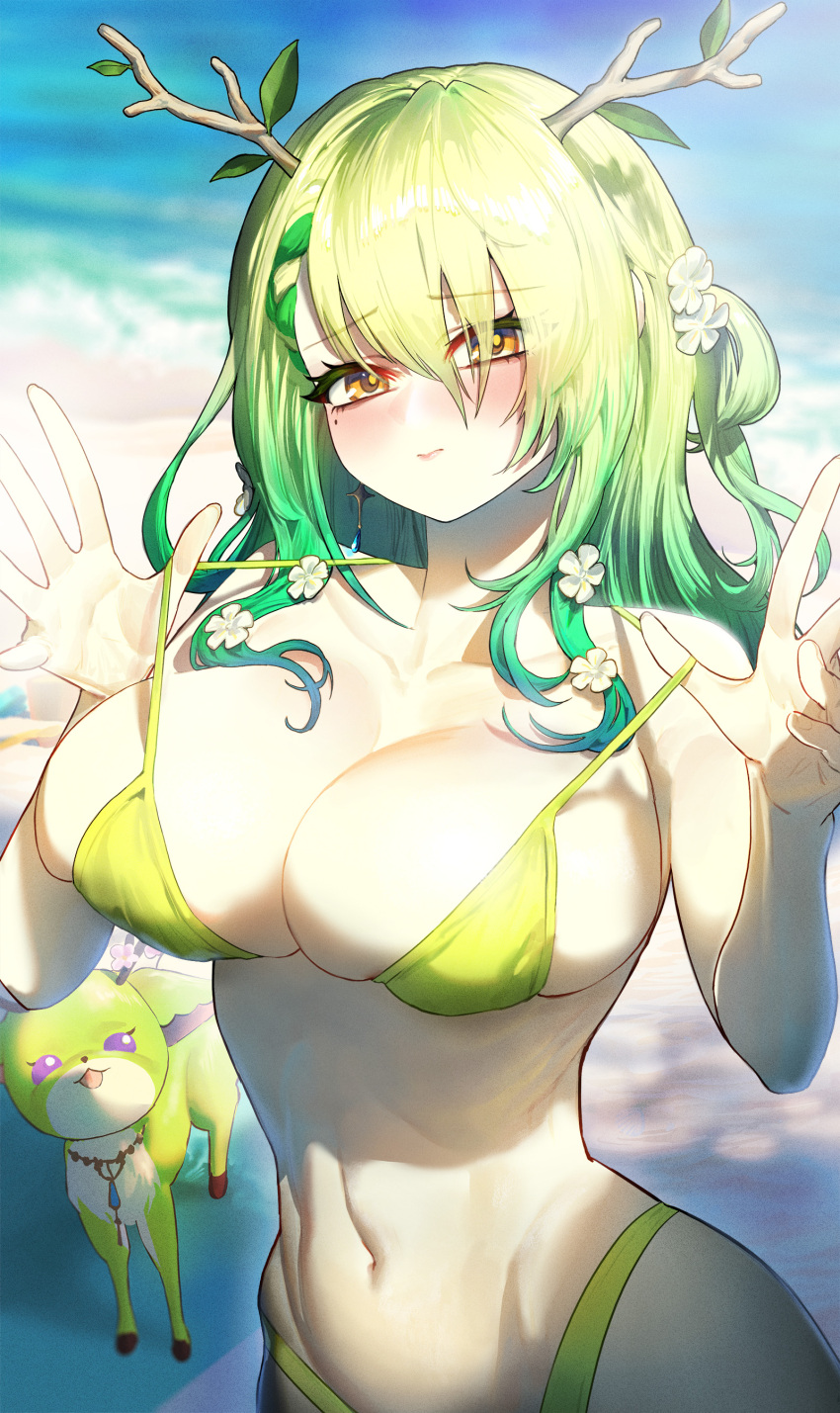 1girl absurdres antlers beach bikini bikini_pull blurry blurry_background blush branch breasts ceres_fauna clothes_pull collarbone day deer flower ghdwid green_hair hair_flower hair_ornament hands_up highres hololive hololive_english large_breasts leaf long_hair looking_at_viewer mole mole_under_eye navel nemu_(ceres_fauna) open_hands outdoors pulled_by_self raised_eyebrows stomach strap_pull swimsuit toned virtual_youtuber wavy_hair yellow_bikini yellow_eyes