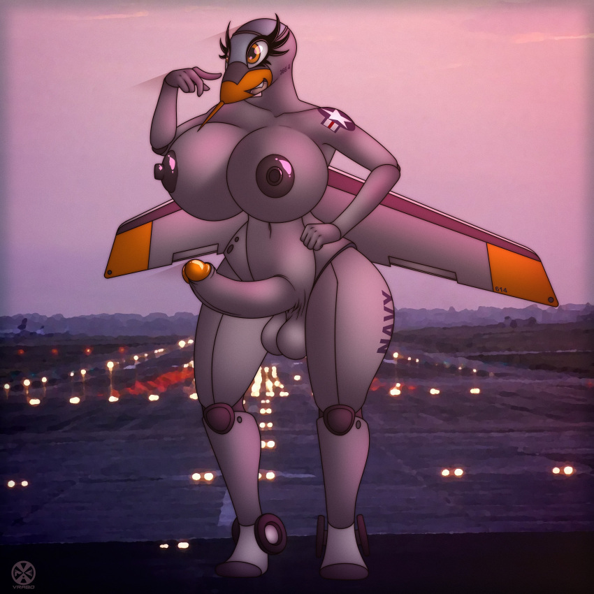 2022 absurd_res aircraft airplane airport balls big_breasts body_writing breasts eyelash_fetish eyelashes fangs genitals herm hi_res humanoid inflated_breasts intersex living_aircraft living_machine living_vehicle logo long_eyelashes machine metallic_body multicolored_body not_furry orange_eyes penis pink_sky pointy_nose runway smile solo solo_in_panel standing sunset thick_eyelashes vehicle visor vrabo wheel wings