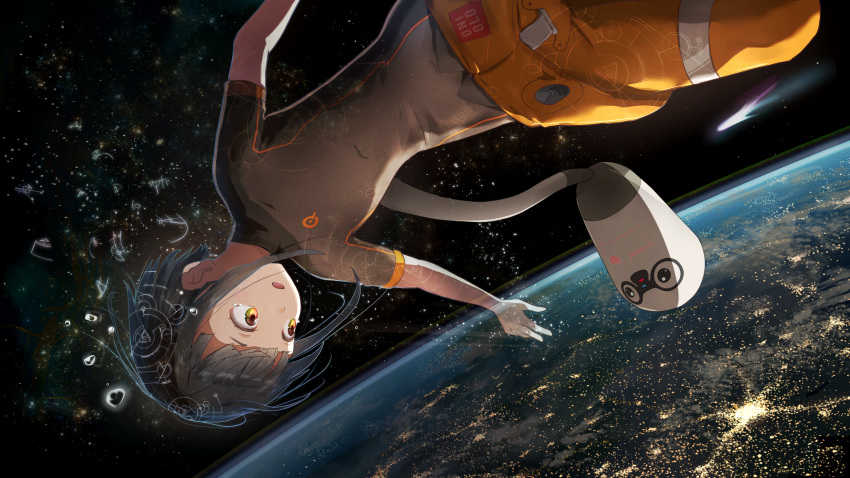 1girl absurdres black_hair black_shirt brown_eyes chikyuugai_shounen_shoujo child comet highres medi_(chikyuugai) nanase_konoha orange_pants pants parted_lips planet robot shirt short_hair sossii space water_drop