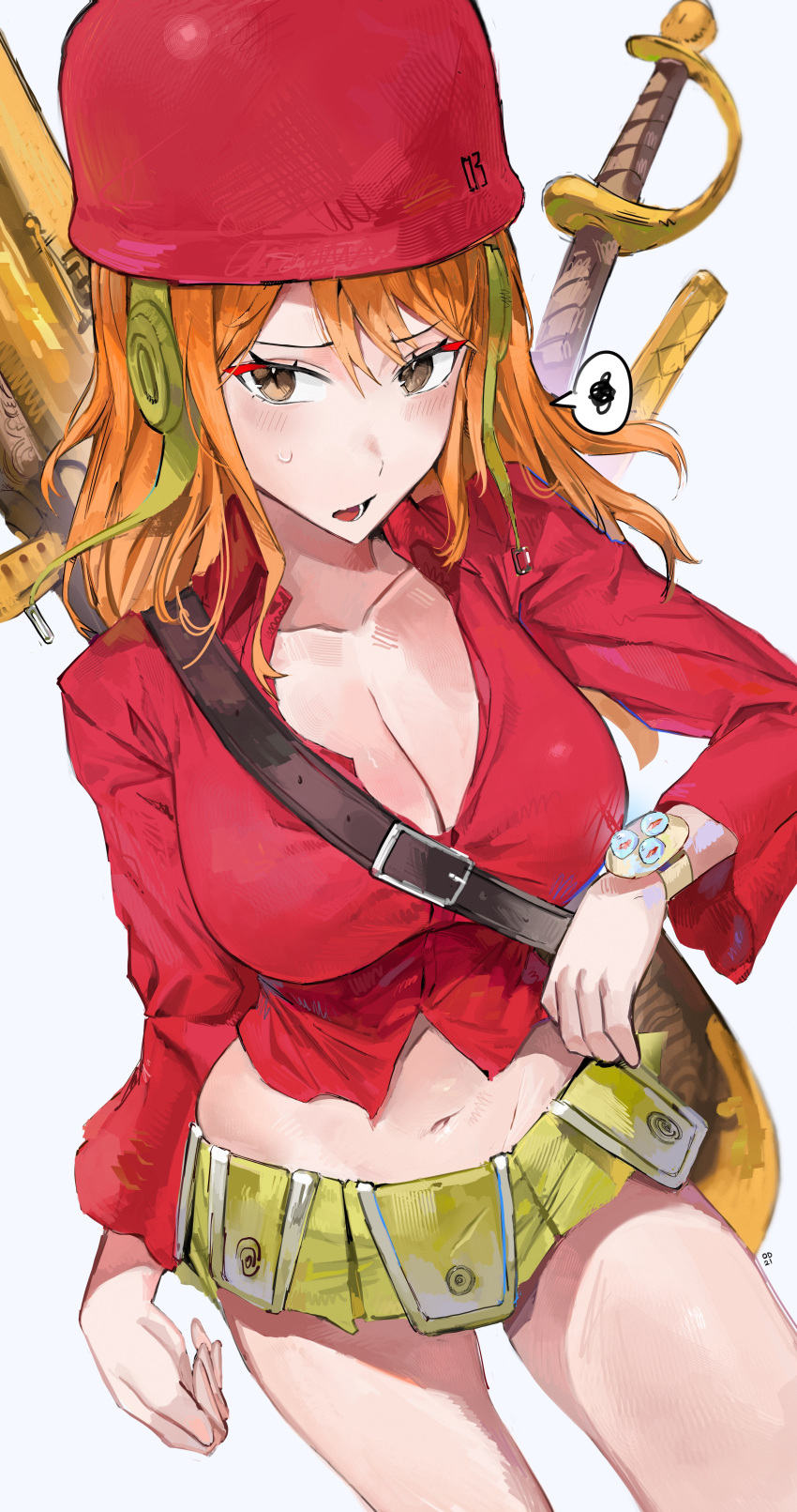 1girl absurdres breasts brown_eyes cleavage collarbone helmet highres large_breasts long_hair miniskirt nami_(one_piece) navel odyssey_21 one_piece one_piece_film_z open_mouth orange_hair red_shirt shirt simple_background skirt sweat thighs weapon white_background