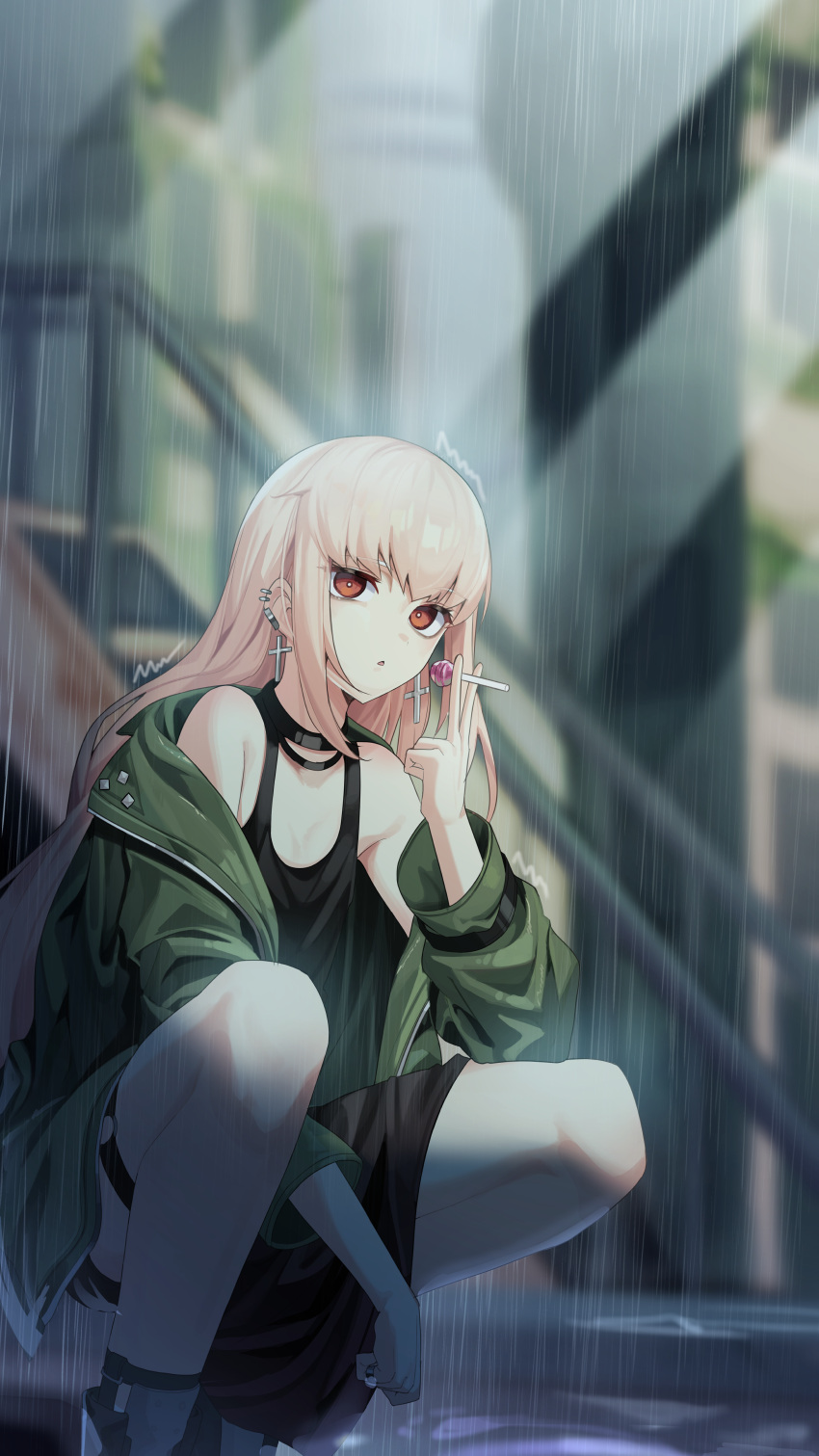 1girl :o absurdres bangs black_choker black_shirt black_skirt blonde_hair blurry blurry_background breasts candy choker cross cross_earrings ear_piercing earrings food foot_out_of_frame girls'_frontline green_jacket highres holding holding_candy holding_food holding_lollipop jacket jacket_pull jewelry kakao346 lollipop long_hair looking_at_viewer official_alternate_costume open_clothes open_jacket open_mouth piercing rain red_eyes ring shirt sidelocks sitting skirt small_breasts solo type_80_(girls'_frontline) type_80_(steel_butterfly)_(girls'_frontline) water_drop