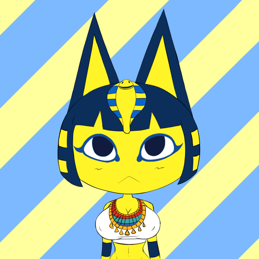 animal_crossing ankha_(animal_crossing) anthro big_breasts blue_hair breasts cleavage clothed clothing domestic_cat felid feline felis female hair hi_res looking_at_viewer mammal nintendo nipple_outline simple_background solo supermoonshroom video_games yellow_body