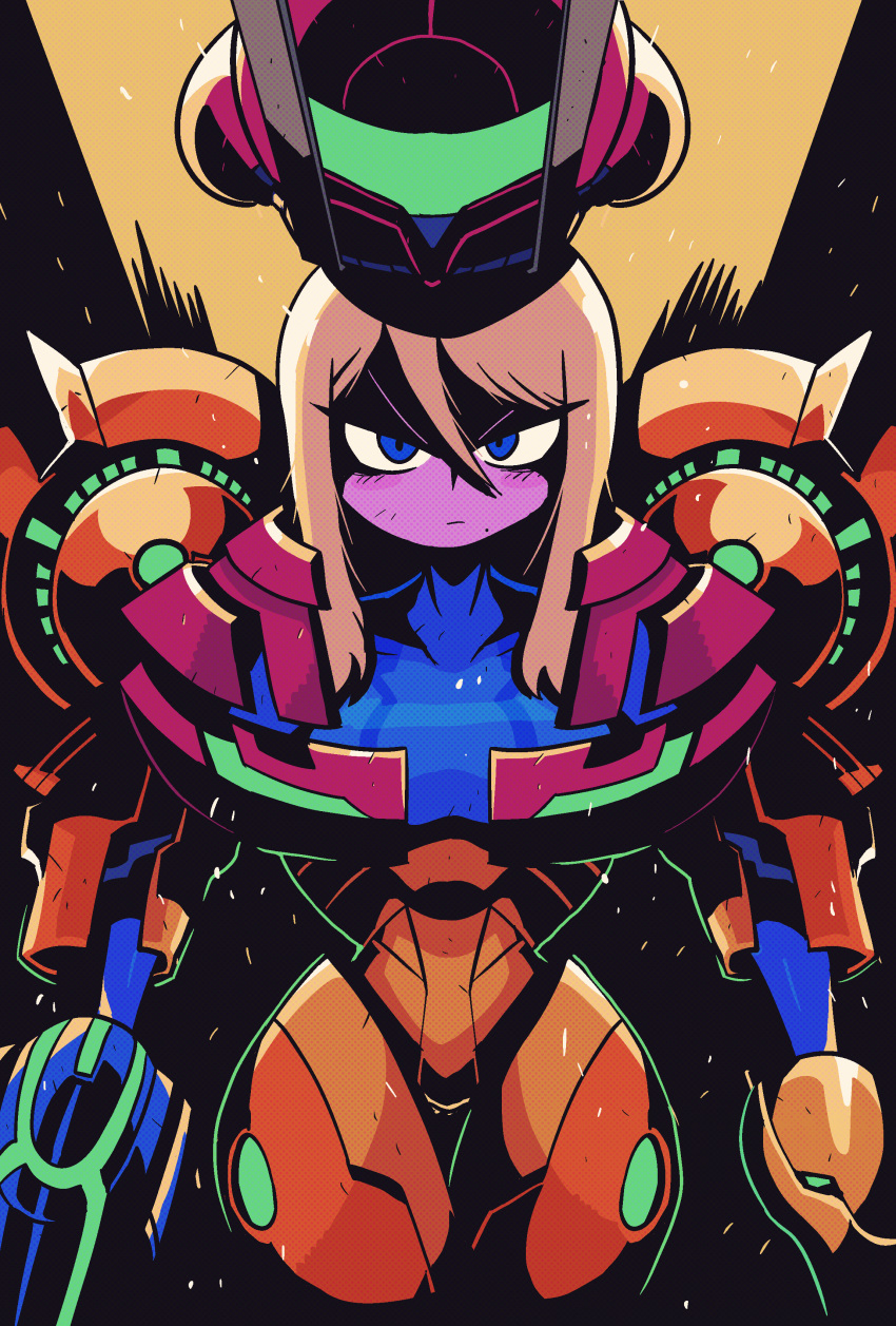 1girl absurdres arm_cannon blonde_hair blue_eyes bodysuit dark_background furrowed_brow helmet highres jaggy_lines long_hair looking_at_viewer metroid mole mole_under_mouth rariatto_(ganguri) samus_aran serious shaded_face solo varia_suit weapon zero_suit