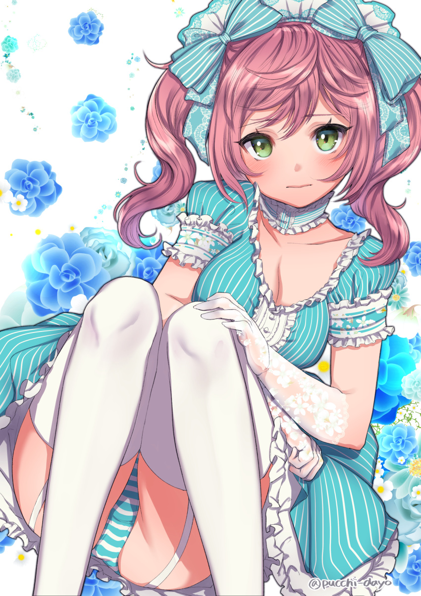 1girl absurdres bangs blue_bow blue_dress bow breasts center_frills choker cleavage closed_mouth collarbone dress elbow_gloves frilled_choker frilled_dress frilled_sleeves frills garter_straps gloves green_eyes hair_between_eyes hair_bow hand_on_own_knee highres long_hair maid_headdress medium_breasts original panties pantyshot pink_hair puchiman see-through_gloves short_sleeves sitting solo striped striped_bow striped_choker striped_dress striped_panties thighhighs twintails twitter_username underwear vertical-striped_dress vertical_stripes white_thighhighs
