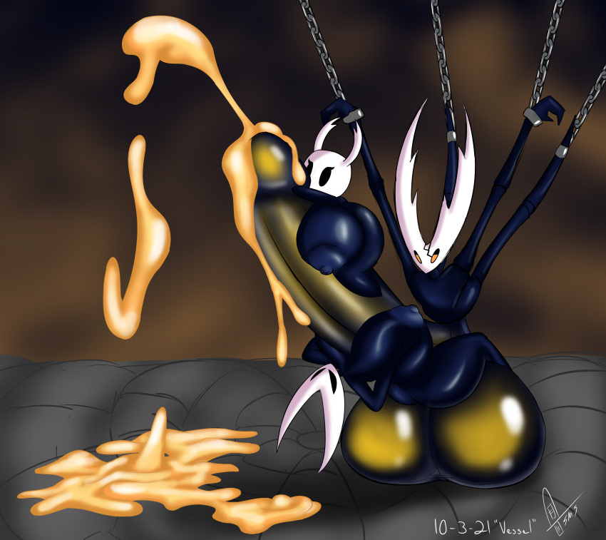 2021 absurd_res anthro areola arthropod balls big_balls big_breasts big_penis black_body bodily_fluids bodyjob breast_play breasts butt chain chained cum ejaculation female genital_fluids genitals glowing glowing_genitalia glowing_penis group hi_res hollow_knight hollow_knight_(character) hornet_(hollow_knight) huge_balls huge_breasts huge_penis hyper hyper_balls hyper_genitalia hyper_penis insect male nipples nude penis protagonist_(hollow_knight) sex supermoonshroom team_cherry text titfuck trio vessel_(species) video_games watermark