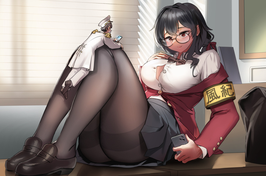 1boy 1girl armband azur_lane black_hair bow bowtie brown_bow brown_bowtie classroom commander_(azur_lane) desk giant giantess glasses grey_skirt hand_on_own_chest hat hetero indoors jacket kkasi00 loafers long_hair looking_at_another military military_uniform miniboy naval_uniform on_desk open_clothes open_shirt peaked_cap phone red_eyes red_jacket shirt shoes short_hair sitting sitting_on_desk size_difference skirt smile taihou_(azur_lane) taihou_(sweet_time_after_school)_(azur_lane) thighhighs uniform white_headwear white_jacket white_shirt