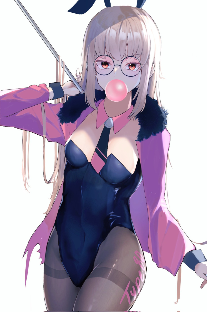 1girl alternate_costume animal_ears bangs black_leotard black_pantyhose black_wrist_cuffs blonde_hair blush breasts character_name covered_navel detached_collar fake_animal_ears feet_out_of_frame flag girls'_frontline glasses harafrontline highres holding holding_flag jacket leotard long_hair long_sleeves looking_at_viewer mouth_hold necktie open_clothes open_jacket orange_eyes pantyhose pink_jacket pink_necktie playboy_bunny rabbit_ears sidelocks small_breasts solo standing thighs type_80_(girls'_frontline) white_background wrist_cuffs