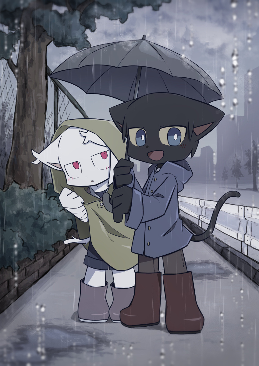 absurdres animal_ears black_cat blue_jacket boots brown_footwear cat cat_ears cat_tail city furry furry_male genjohi-kun green_jacket happy highres jacket open_mouth original rain red_pupils slit_pupils tail umbrella unhappy white_cat