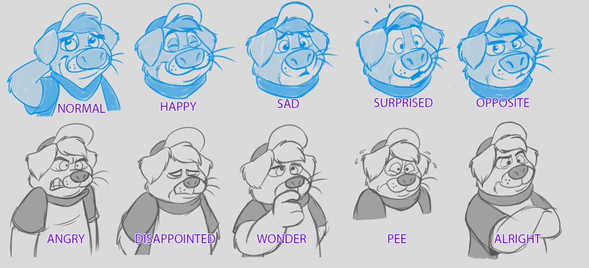 angry anthro brok_the_investigator clothing concept_art cowcatgames happy hat headgear headwear hi_res lutrine male mammal model_sheet multiple_poses mustelid official_art ott_(brok_the_investigator) pose sad shirt solo surprise topwear video_games