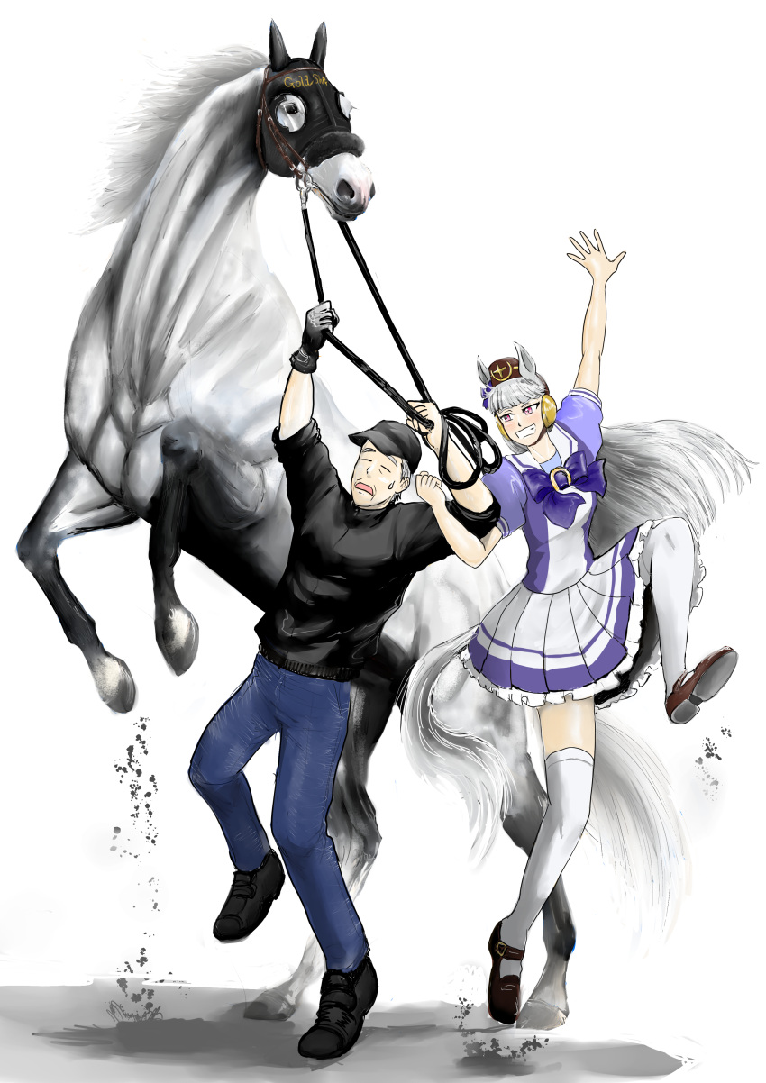 1boy 1girl absurdres animal_ears bangs baseball_cap black_shirt blunt_bangs bow bowtie bridle closed_eyes commentary_request creature_and_personification ear_bow frilled_skirt frills gold_ship_(racehorse) gold_ship_(umamusume) grey_hair hat headgear highres holding holding_reins hood horse_ears horse_girl horse_tail horseshoe_ornament imanami_takatoshi iwasaki_tadakaze loafers old old_man pillbox_hat pleated_skirt puffy_short_sleeves puffy_sleeves purple_bow purple_bowtie purple_eyes purple_shirt real_life rearing reins sailor_collar sailor_shirt school_uniform shirt shoes short_sleeves skirt summer_uniform sweatdrop tail thighhighs tracen_school_uniform umamusume white_background white_sailor_collar white_skirt white_thighhighs