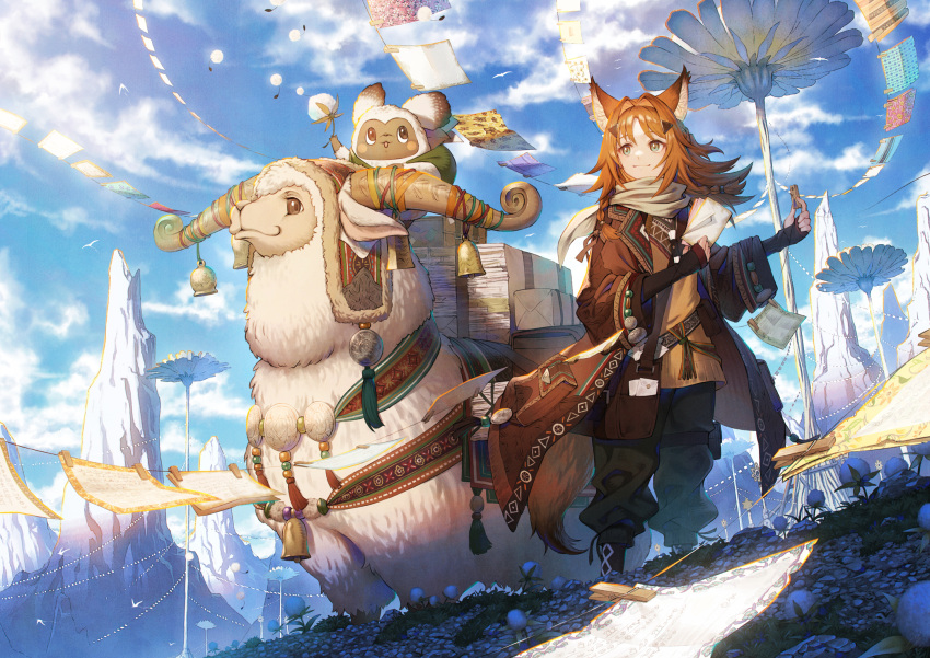 animal_ears bell black_pants brown_hair clothes_pin clothesline cloud day fantasy hair_intakes highres long_hair mountain original outdoors pants paper sho_(sumika) standing