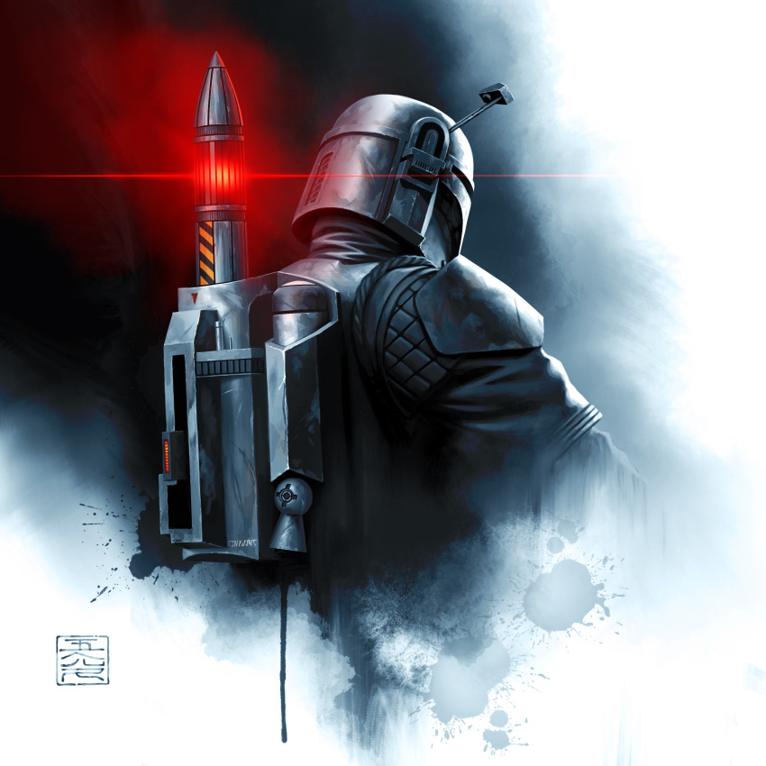 1boy 5health absurdres assault_visor boba_fett glowing helmet highres jetpack looking_down mandalorian prototype radio_antenna science_fiction solo star_wars upper_body