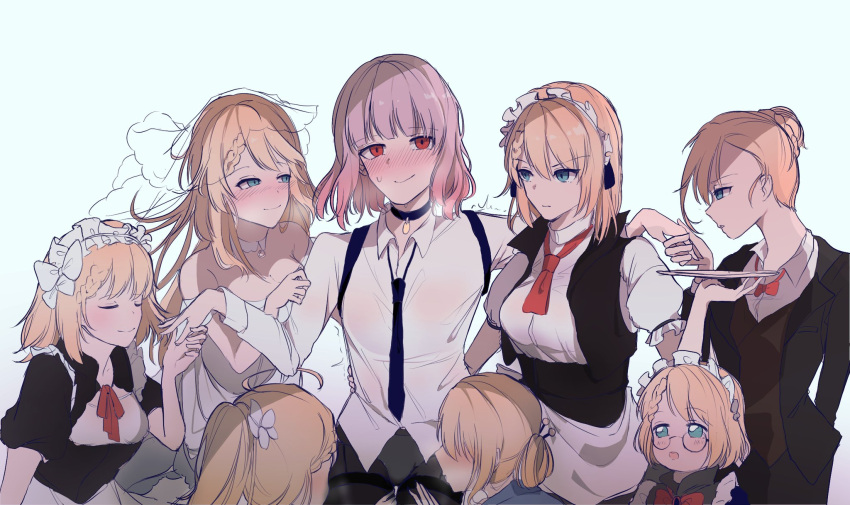 2girls :o aqua_eyes bangs black_choker black_jacket black_pantyhose blonde_hair blue_eyes blue_necktie blush bow bowtie braid bridal_veil choker closed_eyes closed_mouth dress feet_out_of_frame french_braid g36_("sommelier")_(girls'_frontline) g36_(girls'_frontline) g36_(mini_maid)_(girls'_frontline) g36_(pure_white_cornflower)_(girls'_frontline) gentiane_(girls'_frontline) girls'_frontline hair_bow harafrontline highres jacket long_hair long_sleeves looking_at_another looking_at_viewer maid maid_headdress medium_hair mod3_(girls'_frontline) multiple_girls multiple_persona necktie official_alternate_costume open_mouth panties panties_under_pantyhose pantyhose pink_hair ponytail red_bow red_bowtie red_eyes red_necktie shirt short_sleeves smile standing sweatdrop underwear upper_body veil wedding_dress white_background white_dress white_panties white_shirt