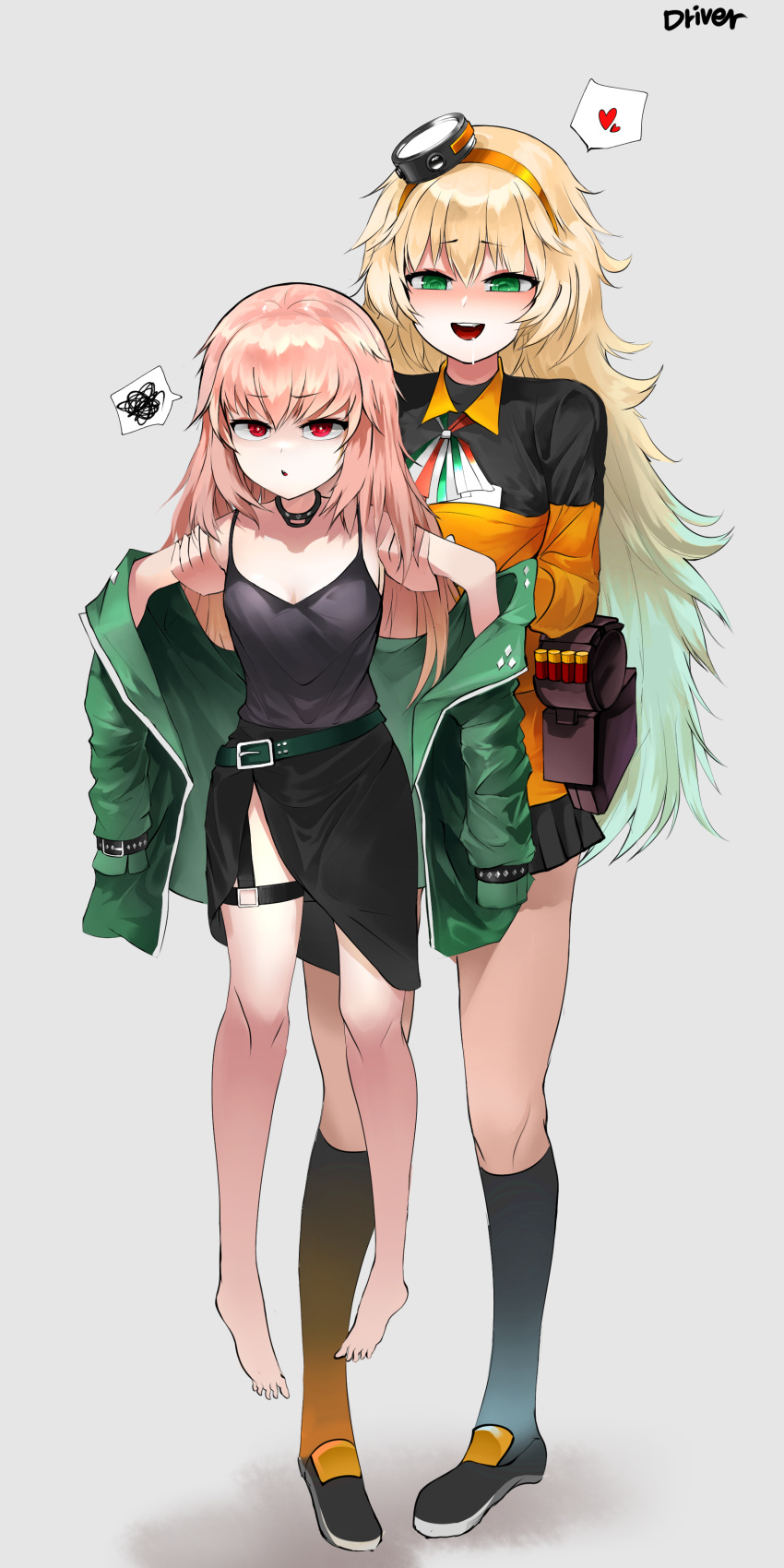 2girls :o absurdres artist_name bangs bare_legs bare_shoulders barefoot black_choker black_shirt black_skirt blonde_hair blush breasts choker commission driver-vibl full_body girls'_frontline green_belt green_eyes green_jacket heart highres jacket jacket_pull large_breasts legs long_hair long_sleeves looking_at_viewer multicolored_clothes multicolored_jacket multiple_girls neck_ribbon official_alternate_costume open_mouth pink_hair red_eyes ribbon s.a.t.8_(girls'_frontline) saliva shirt shoes simple_background skirt small_breasts smile socks standing teeth type_80_(girls'_frontline) type_80_(steel_butterfly)_(girls'_frontline) upper_teeth