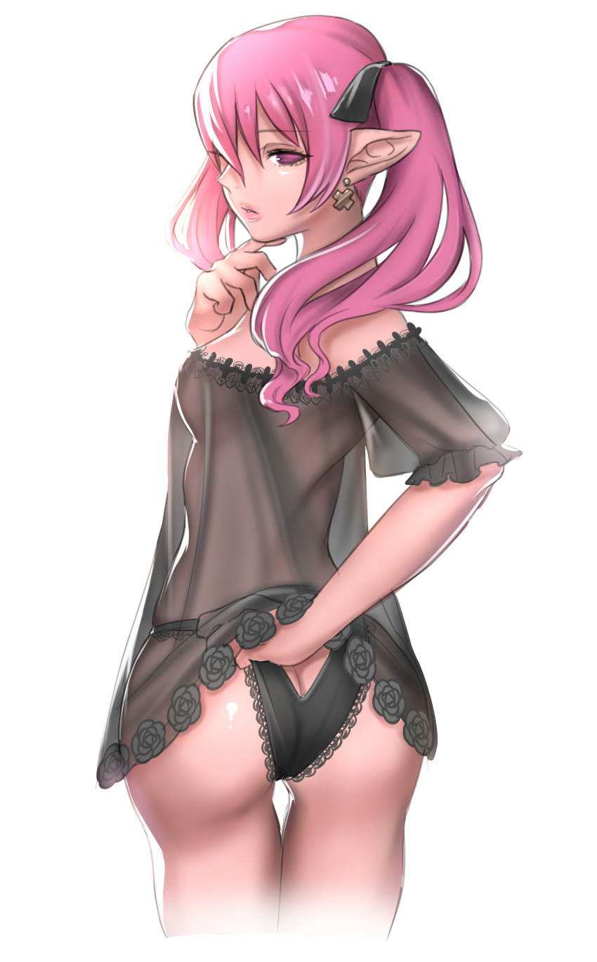 1girl absurdres ass bangs black_panties black_ribbon breasts butt_crack dolce_(rune_factory) earrings from_behind hair_ribbon hand_up highres jewelry lace-trimmed_panties lace_trim long_hair looking_back medium_breasts no_pupils panties parted_lips pink_eyes pink_hair pink_lips pointy_ears puchiman ribbon rune_factory rune_factory_4 see-through simple_background solo thigh_gap twintails underwear white_background