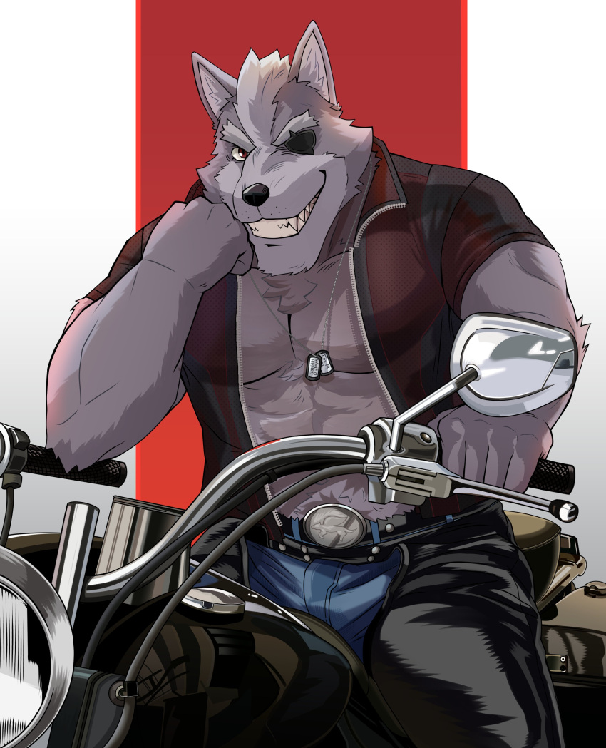 2022 abs absurd_res anthro belt big_muscles biker bottomwear canid canine canis chaps clothed clothing denim denim_clothing dog_tags eye_patch eyebrows eyewear fur hair hi_res jacket jeans leather leather_chaps leather_clothing leather_jacket leather_topwear looking_at_viewer male mammal motorcycle muscular muscular_anthro muscular_male naikuma nintendo open_clothing open_jacket open_topwear pants pecs red_background simple_background sitting smile solo star_fox teeth topwear tuft vehicle video_games white_background wolf wolf_o'donnell